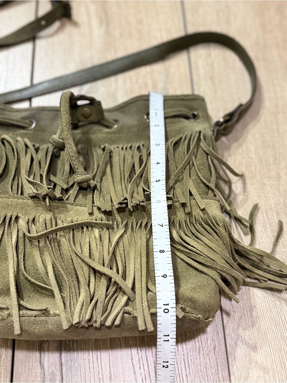 Patricia Nash Crossbody Boho Suede Fringe Bucket Bag Olive Green - Picture 13 of 16